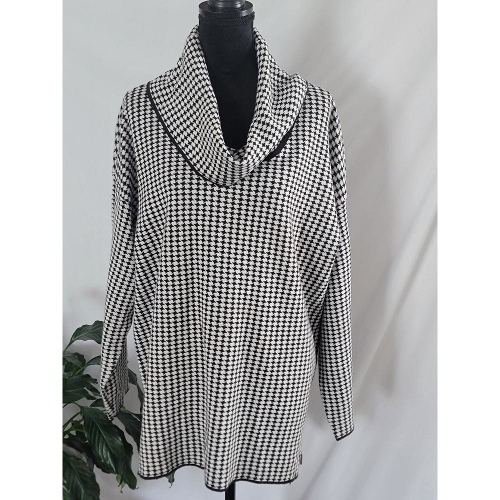 Calvin‎ Klein Womens XL Houndstooth Cowl Neck Knit Sweater Tunic Black White